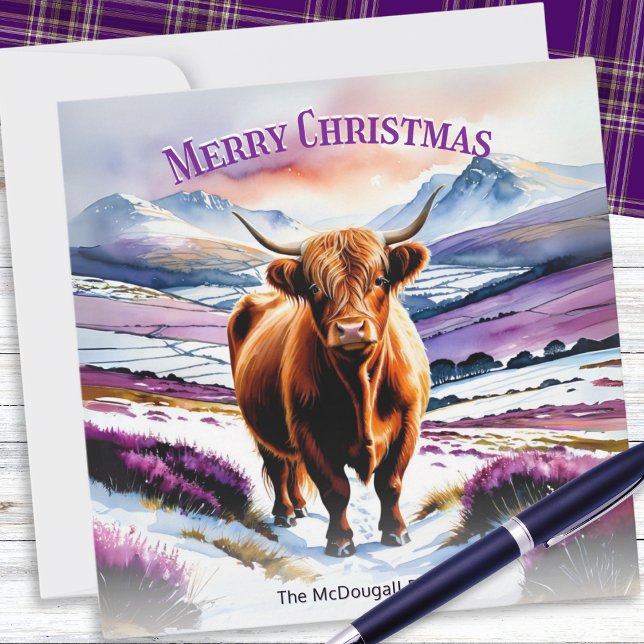 Highland Cow In Snow Watercolor Custom Christmas Holiday Card (A Christmas card illustrated with a Highland cow in Scottish mountains with purple heather)