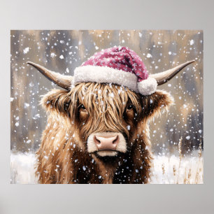 Highland Cow in Snow with Santa Hat Poster