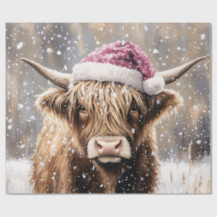Highland Cow in Snow with Santa Hat Wrapping Paper
