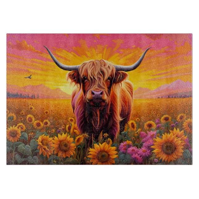 Highland Cow in Sunflowers at Sunrise Cutting Board (Front)