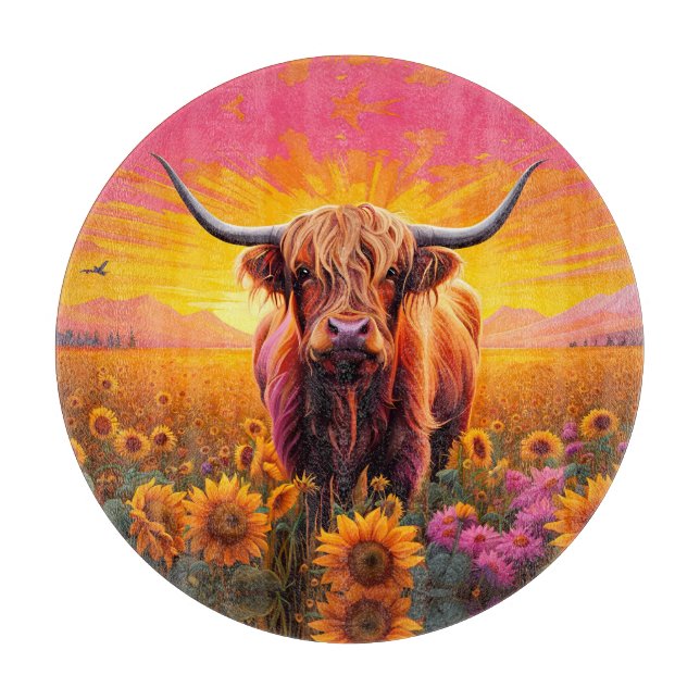 Highland Cow in Sunflowers at Sunrise Cutting Board (Front)