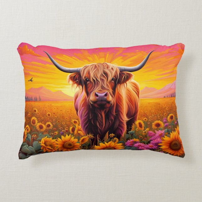 Highland Cow in Sunflowers at Sunrise Decorative Cushion (Front)