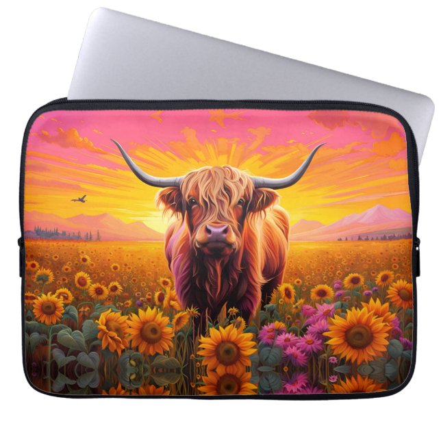 Highland Cow in Sunflowers at Sunrise Laptop Sleeve (Front)