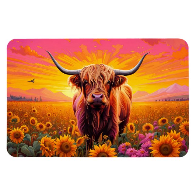 Highland Cow in Sunflowers at Sunrise Magnet (Horizontal)