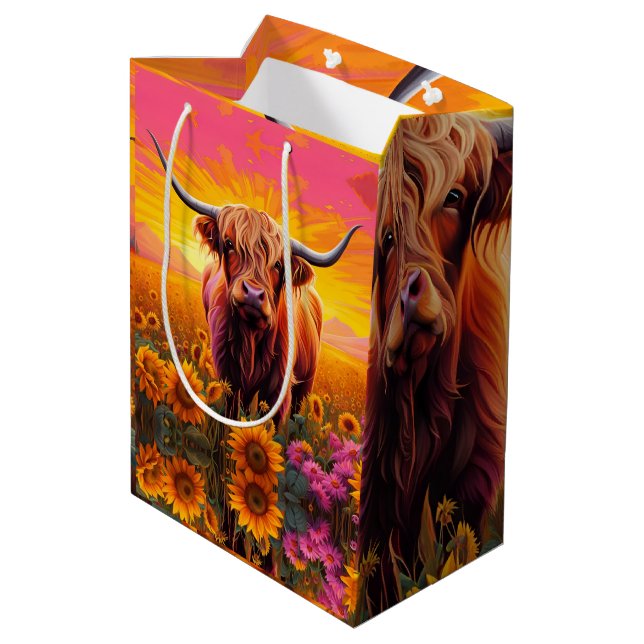 Highland Cow in Sunflowers at Sunrise Medium Gift Bag (Back Angled)