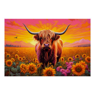 Highland Cow in Sunflowers at Sunrise Poster