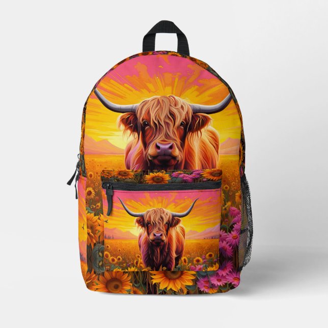 Highland Cow in Sunflowers at Sunrise Printed Backpack (Front)