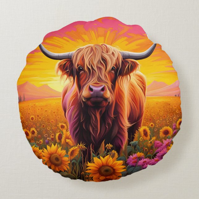 Highland Cow in Sunflowers at Sunrise Round Cushion (Back)