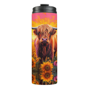 Highland Cow in Sunflowers at Sunrise Thermal Tumbler