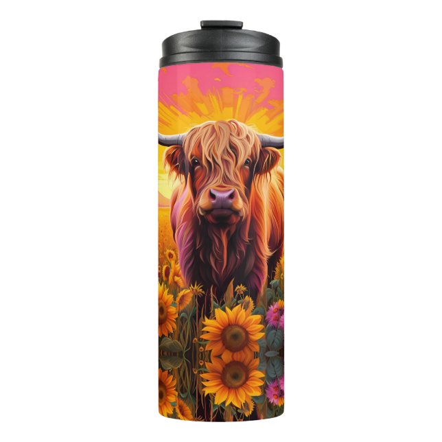Highland Cow in Sunflowers at Sunrise Thermal Tumbler (Front)