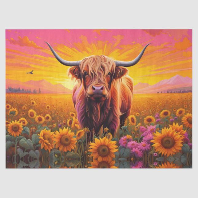Highland Cow in Sunflowers at Sunrise Tissue Paper (Front)