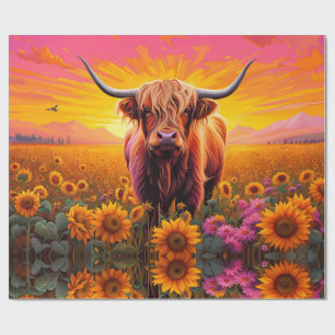 Highland Cow in Sunflowers at Sunrise Wrapping Paper