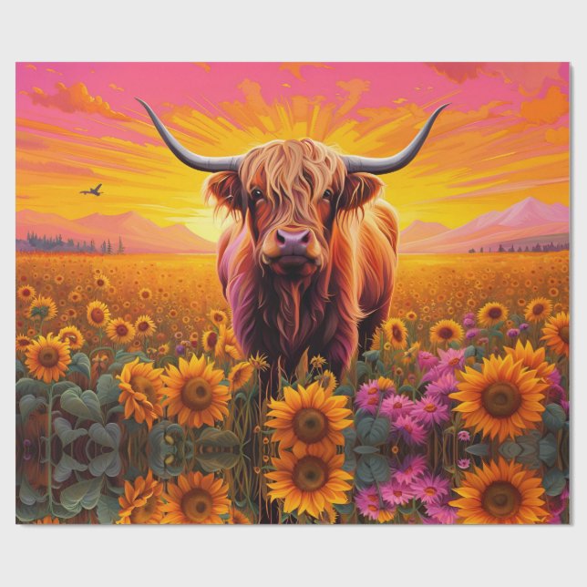 Highland Cow in Sunflowers at Sunrise Wrapping Paper (Flat)