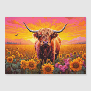 Highland Cow in Sunflowers -Sunrise Magnetic Card