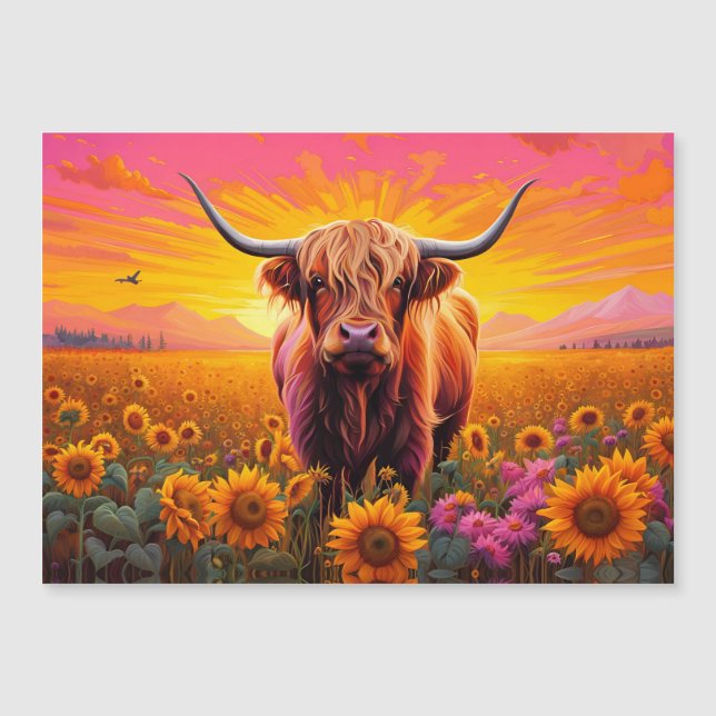 Highland Cow in Sunflowers -Sunrise Magnetic Card (Front)