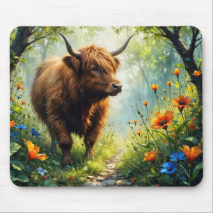 Highland Cow in the wood with wildflowers Mouse Mat