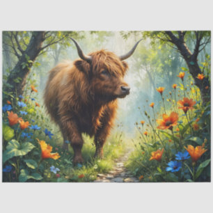 Highland Cow in the wood with wildflowers Tissue Paper