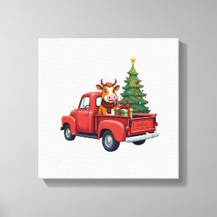 Highland Cow in Truck Farm Farmer Christmas Cow Ca Canvas Print