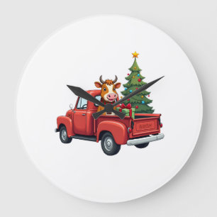 Highland Cow in Truck Farm Farmer Christmas Cow Ca Large Clock