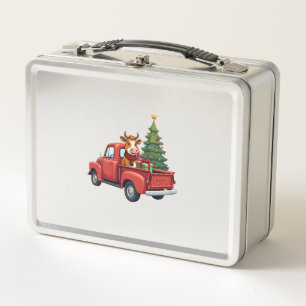 Highland Cow in Truck Farm Farmer Christmas Cow Ca Metal Lunch Box