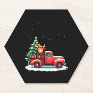 Highland Cow in Truck Farm Farmer Christmas Cow Ca Paper Coaster