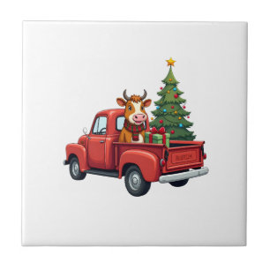 Highland Cow in Truck Farm Farmer Christmas Cow Ca Tile