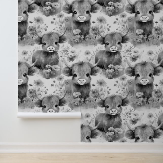 Highland Cow in Wild Flowers Grayscale  Wallpaper (Application)