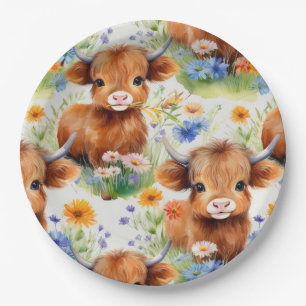Highland Cow in Wild Flowers Paper Plate