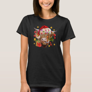 Highland Cow Joy Santa Hat Christmas Lights Wester T-Shirt