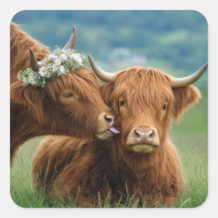 Highland Cow Kiss Square Sticker