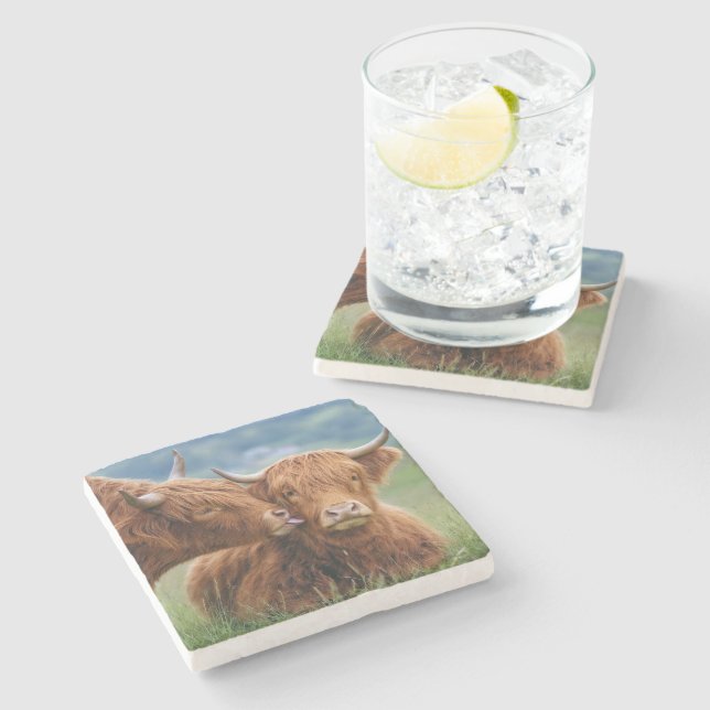 Highland Cow Kiss Stone Coaster (Side)