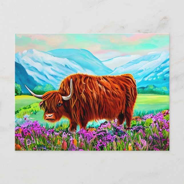 Highland Cow Landscape Painting Postcard (Front)