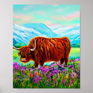 Highland Cow Landscape Painting Poster