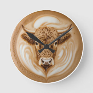 Highland Cow Latte Art Round Wall Clock Quirky S