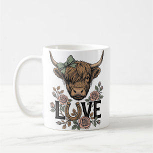 Highland Cow Love Vintage Floral Horseshoe Art Coffee Mug