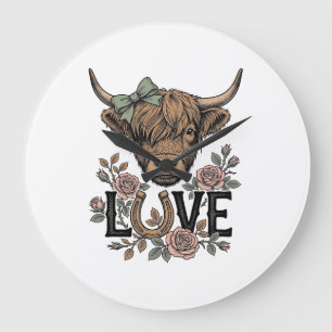 Highland Cow Love Vintage Floral Horseshoe Art Large Clock