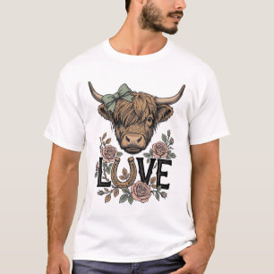 Highland Cow Love Vintage Floral Horseshoe Art T-Shirt