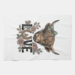 Highland Cow Love Vintage Floral Horseshoe Art Tea Towel