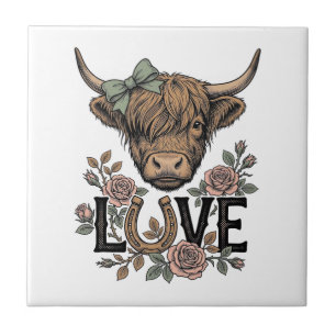 Highland Cow Love Vintage Floral Horseshoe Art Tile