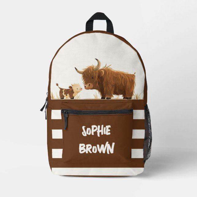 Highland Cow Mama& Calf Rustic Brown Custom Name  Printed Backpack (Front)