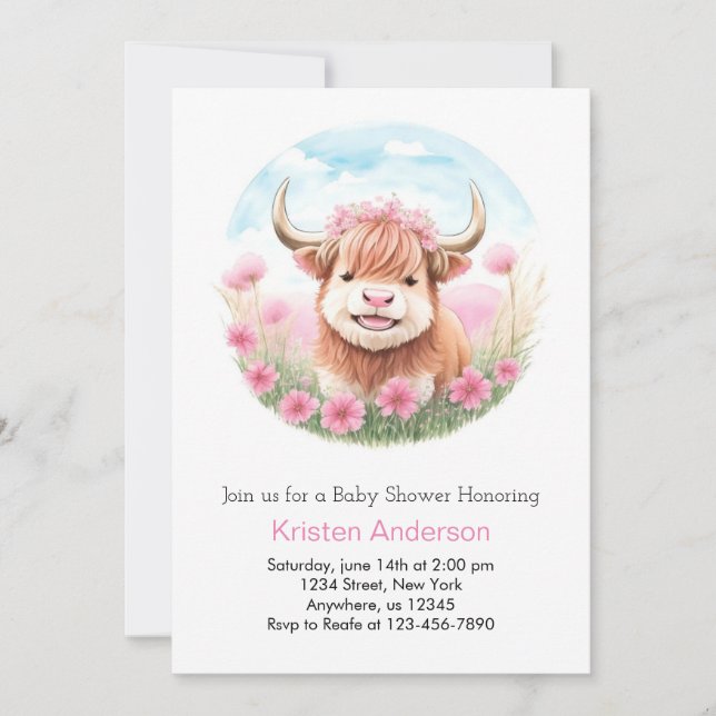 Highland Cow Meadow Pink Girl Baby Shower Invitation (Front)