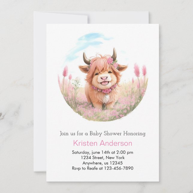 Highland Cow Meadow Pink Girl Baby Shower Invitation (Front)