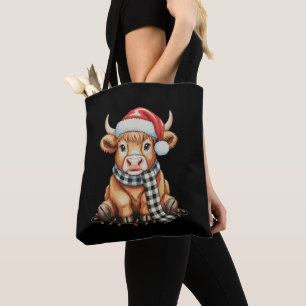 Highland Cow Merry Christmas Lights Santa Hat Xmas Tote Bag