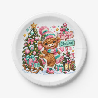 Highland Cow Merry Christmas Paper Plate