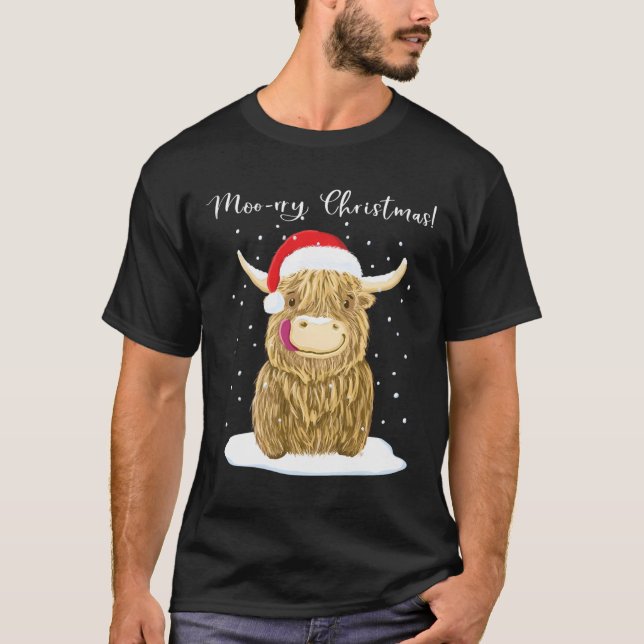 Highland Cow Merry Christmas Snow T-Shirt (Front)