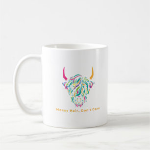 Highland Cow Messy Hair Don't Care Colourful Coffee Mug
