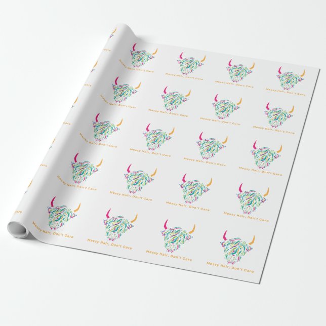 Highland Cow Messy Hair Don't Care Colourful Wrapping Paper (Unrolled)