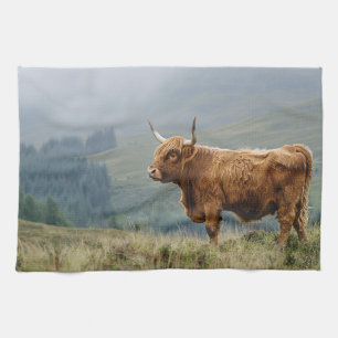 Highland Cow Misty Morning Tea Towel