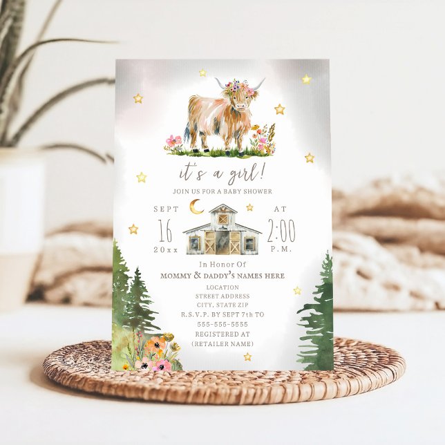 Highland Cow Moon Stars Floral Farm Baby Shower  Invitation (Creator Uploaded)