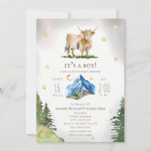 Highland Cow Moon Stars Mountain Baby Shower Invitation